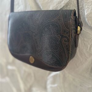 Vintage Liz Claiborne Brown Paisley Print Canvas Leather Crossbody Bag